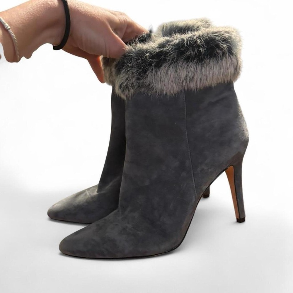 Genuine suede grey heeled‎ boots with rabbit fur trim women’s 11